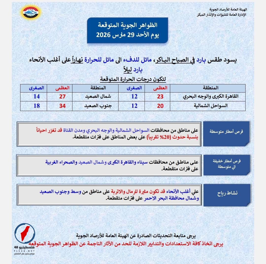 أمطار خفيفة إلى متوسطة تتساقط على القاهرة الكبرى الأحد